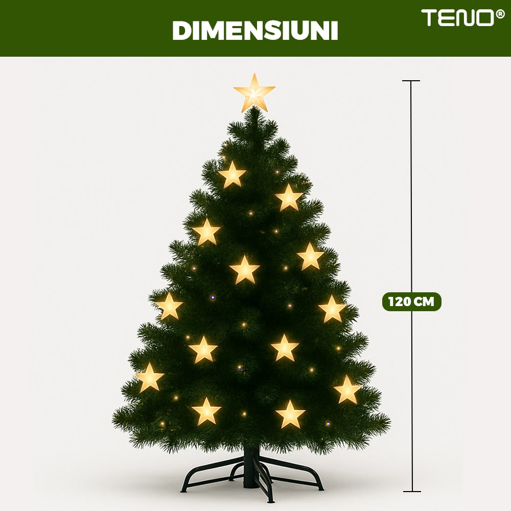 Brad Artificial de Craciun Teno®, luminite in forma de stea, varf stea inclus, cadru metalic, atmosfera feerica, verde, 120 cm