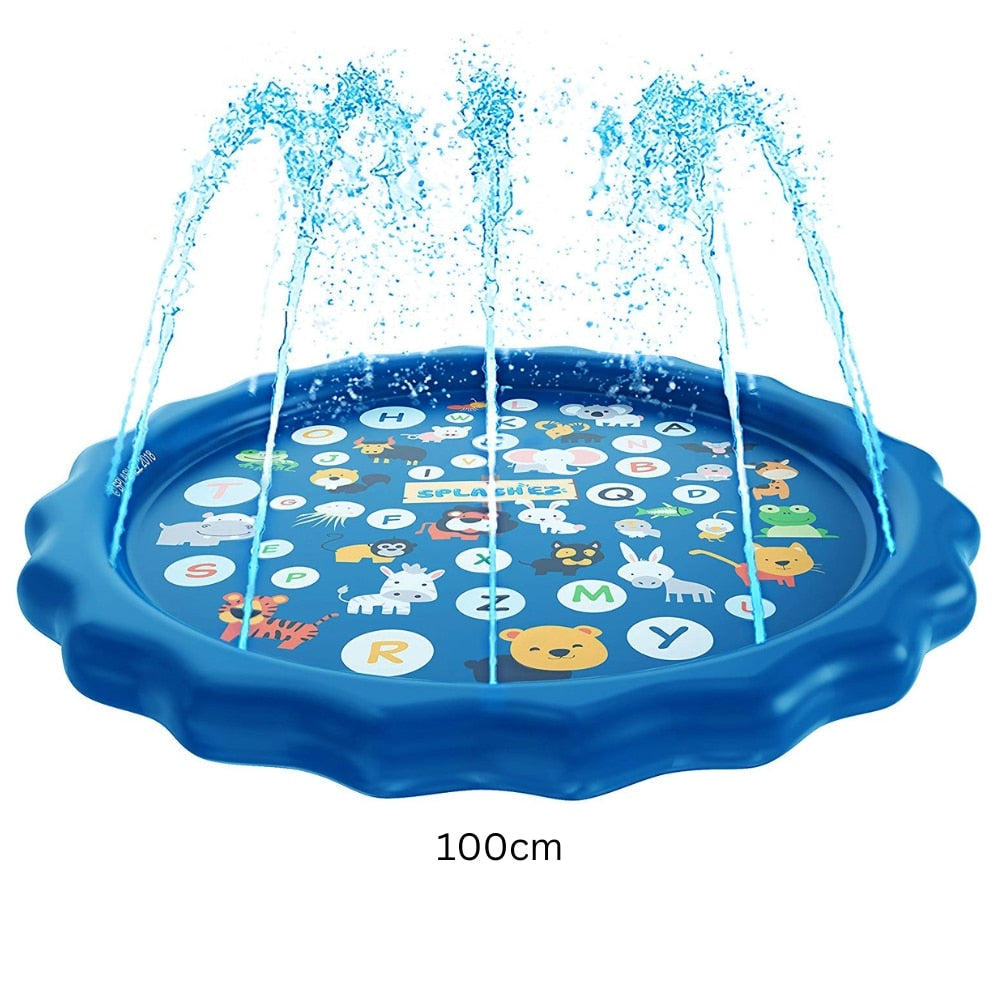 Piscina tip covoras de apa Macvi®, 100 cm, Albastru, PVC rezistent, Conectare la furtun apa, pentru joaca in aer liber