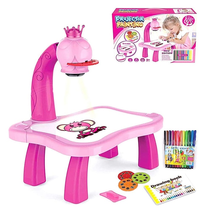 Jucarie educativa, MACVI, Tabla Proiector Girafa Roz, 3 discuri, 12 carioci, set