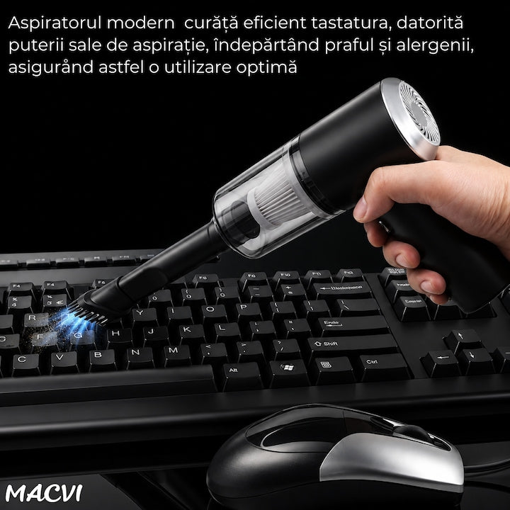Aspirator Auto Portabil Macvi® 2 in 1, Aspirare si Suflare, Putere Aspiratie 5500 Pa, Motor 62.000 RPM, Baterie Duala 1500 mAh 7.4V, Filtru HEPA Lavabil, Incarcare USB, Accesorii Incluse, Negru