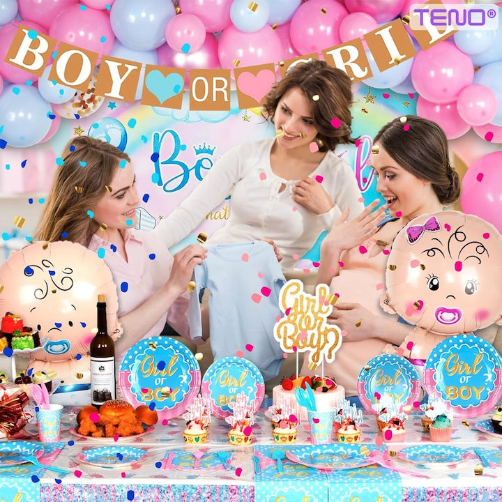 Set 7 Baloane Teno®, pentru Petreceri/Evenimente, bebe, biberon, caciulita, confetti, model GENDER REVEAL, multicolor
