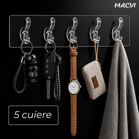 Suport autoadeziv baie sau bucatarie Macvi®, transparent, plastic rezistent, 5 carlige multifunctionale, 35 x 7 cm