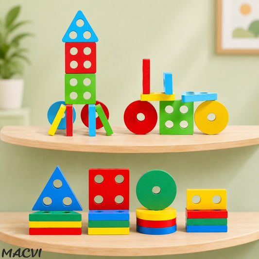Jucarie Tip Sortat Macvi® pentru Copii, 16 Piese, Forme Geometrice, 4 Coloane de Sortare