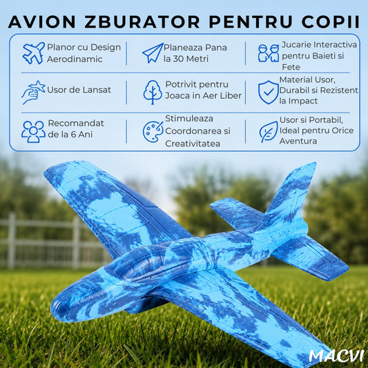 Avion zburator Macvi®, planor rezistent, zboara pana la 30m, Albastru, Material rezistent la impact si cazaturi, pentru copii 6+ ani
