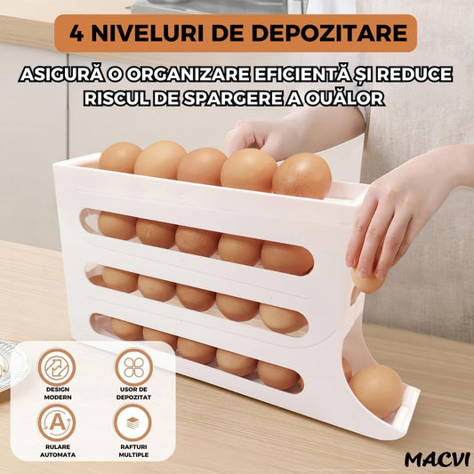 Suport organizator pentru oua Macvi®, 4 niveluri, rulare automata, 30 oua, 36x7x20 cm, alb, economisire inteligenta de spatiu in frigider