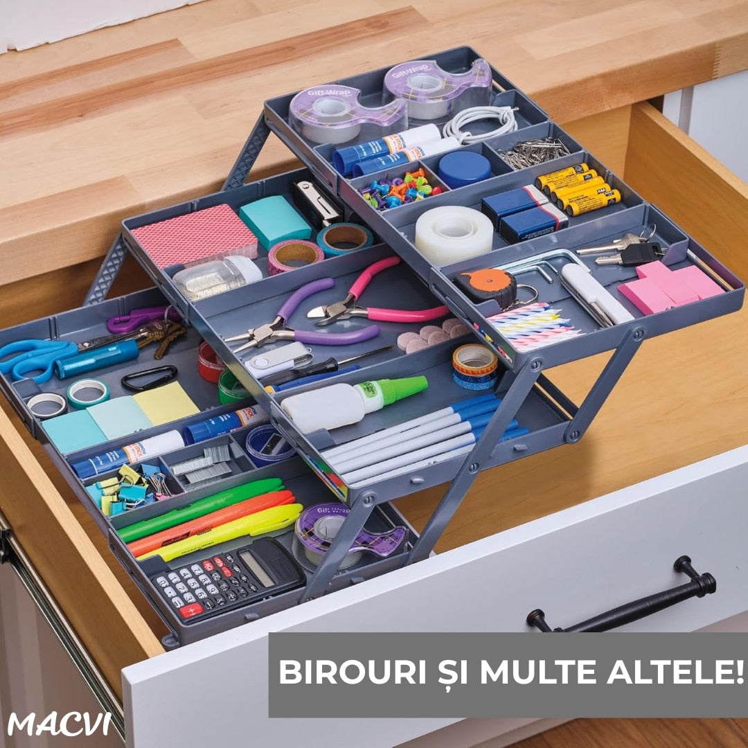 Macvi® Organizator Sertar Extensibil pe 3 nivele pentru Bijuterii si Cosmetice, 24, 13 x 19, 05 x 6, 99 cm, Negru, Sistem Reglabil cu Compartimente