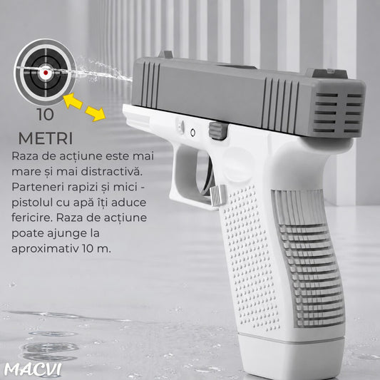 Pistol cu apa copii Macvi®, gri, actionare manuala, jucarie vara exterior, dezvoltare dexteritate, 11.5 x 10 x 2.5 cm