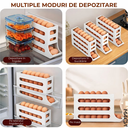 Suport organizator pentru oua Macvi®, 4 niveluri, rulare automata, 30 oua, 36x7x20 cm, alb, economisire inteligenta de spatiu in frigider