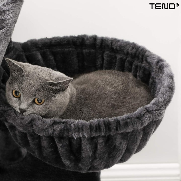 Ansamblu de Joaca pentru Pisici Teno®, tip turn, 2 platforme de observatie, 4 niveluri, 1 casuta, hamac, franghie si mingiuta de joaca, stalpi pentru zgariat, captuseala extra moale, structura stabila, 136 cm, gri inchis