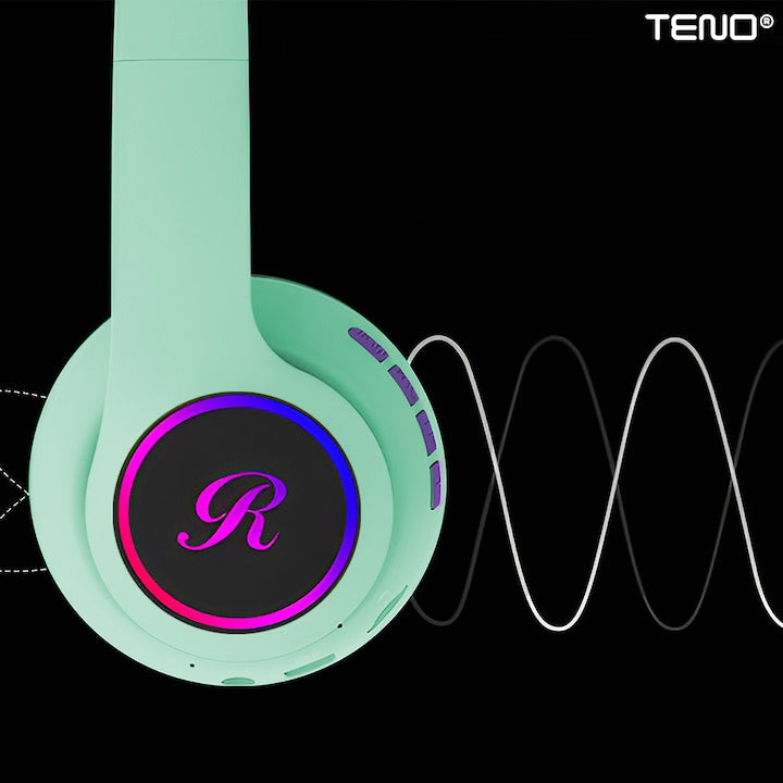 Casti Wireless Model Pisica Teno®, overear, urechi de pisica cu iluminare RGB, bluetooth 5.0, handsfree, HiFi, bass stereo, menta/mov