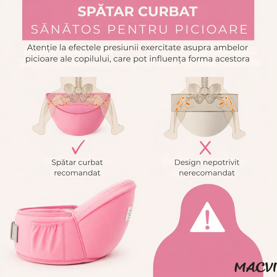 Suport port bebe Macvi® tip marsupiu, cu centura pentru talie, material bumbac premium, burete ergonomic, confortabil, 43 x 22 cm, roz