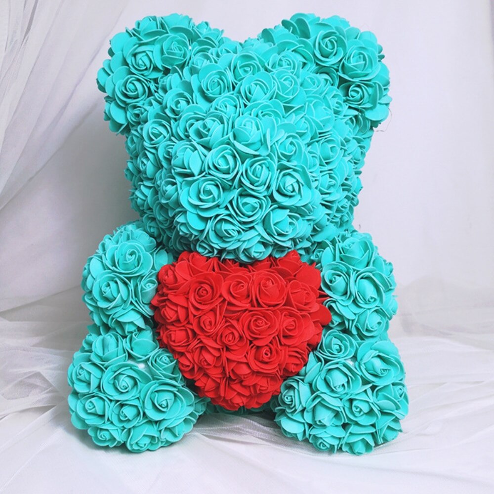 Ursulet din Trandafiri Macvi® Turcoaz 25 cm Cutie Decorativa Inclusa Cadou Romantic