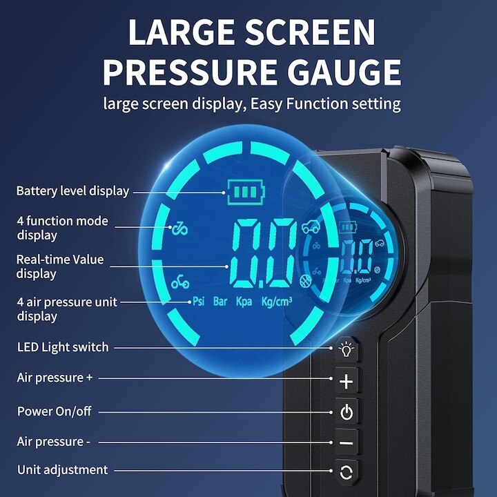 Compresor de aer auto Macvi® Smart, portabil si multifunctional, 6000mAh, 180PSI, lanterna LED SOS, baterie externa si accesorii complete