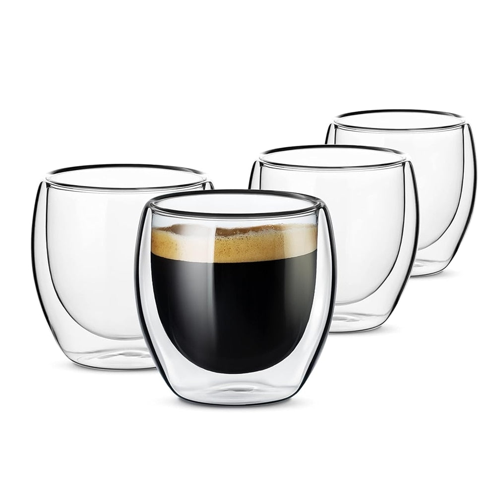 Set 4 Pahare din Sticla cu Perete Dublu Teno®, termorezistente, design modern, capacitate 250 ml, 9 x 8 cm