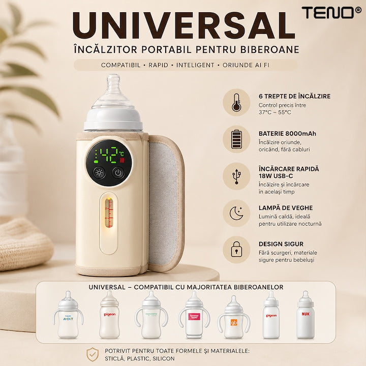 Incalzitor pentru Biberoane Teno®, portabil, 6 trepte de control, ecran LCD, lampa de veghe, compatibilitate multipla, 8000 mAh, crem