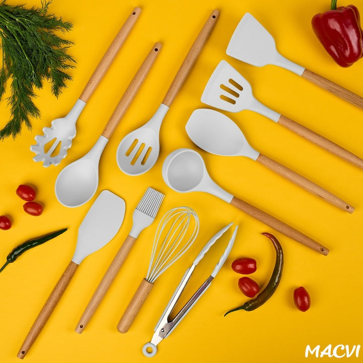 Set Ustensile Bucatarie Macvi® 19 Piese Silicon Termorezistent si Bambus, Cutite Inox, Suport Organizator Compact, Design Alb Elegant