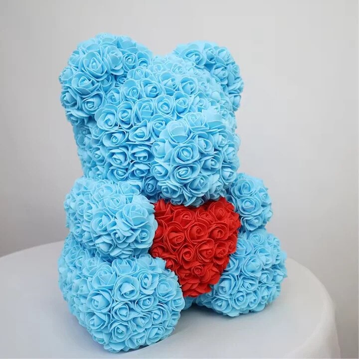 Ursulet Cu Inima Trandafiri Spuma Macvi®, 24 cm, Cutie Cadou Inclusa, Albastru, Decor Romantic, Cadou Valentine Aniversare