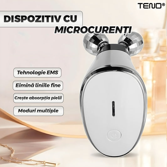 Aparat pentru Tratament Facial cu Microcurenti Teno®, lifting facial 3D, microcurenti EMS, antirid, remodelare, fermizare, suport inclus, cablu de alimentare, alb
