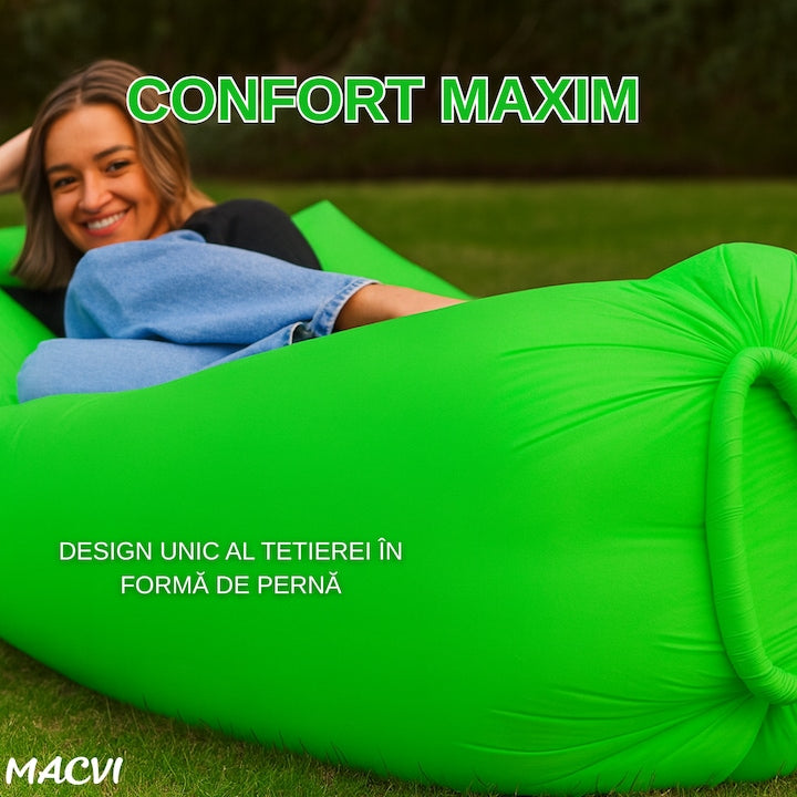 Saltea gonflabila tip sezlong Lazybag Macvi®, material rezistent, umflare fara pompa, pentru plaja/picnic/camping, rucsac de depozitare, 190 x 70 cm, verde