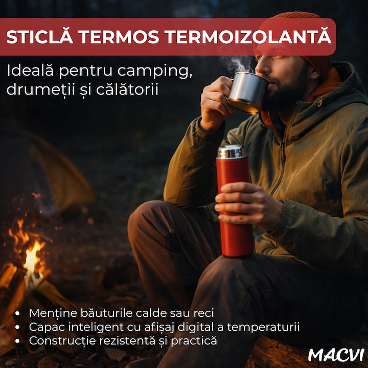 Termos Macvi® Smart 500 ml cu sita infuzor si perete dublu, afisaj LED temperatura rosu