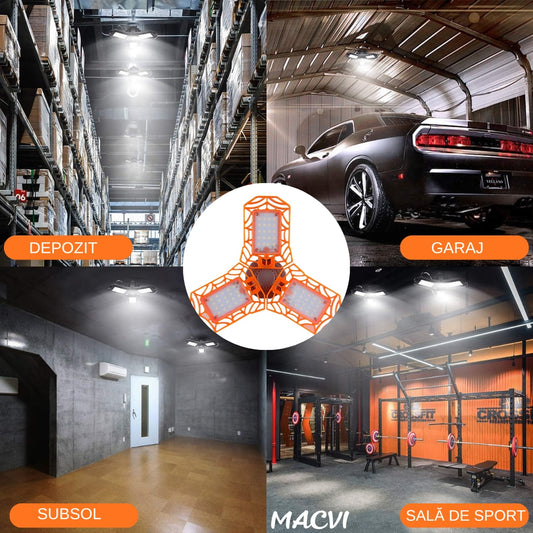 Lampa LED Macvi® cu 3 Brate Mobile, 3000 Lumen, 30W, Portocaliu, Ideala pentru Ateliere, Garaje si Spatii de Lucru