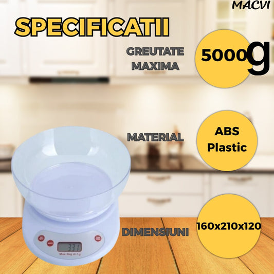 Cantar de Bucatarie Macvi® cu Bol, 5 Kg, Display LCD, Inchidere Automata