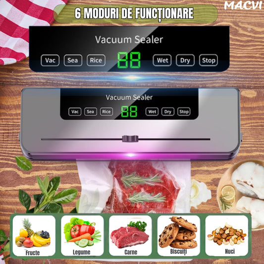 Aparat de vidat Macvi® cu taietor incorporat, sistem compact, mod uscat si umed pentru conservarea alimentelor