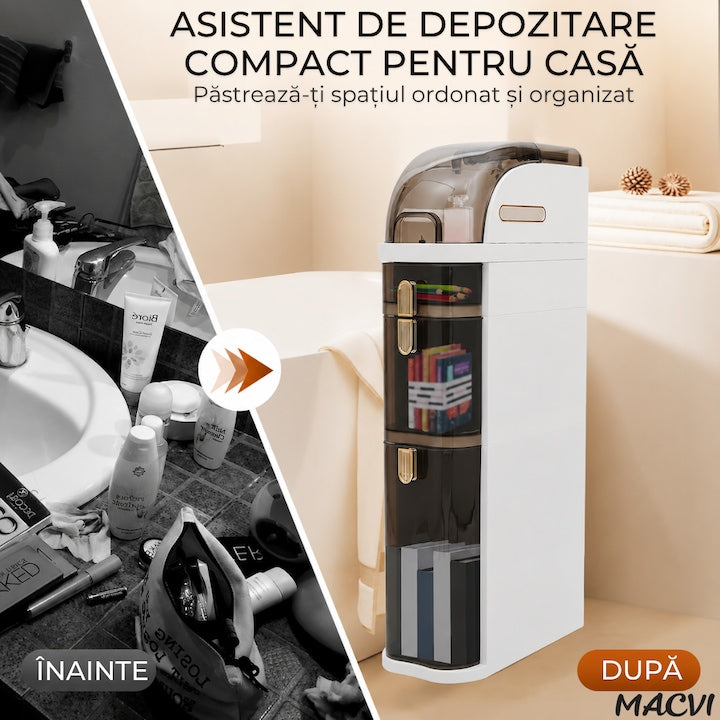 Dulap Mobil Organizator Macvi®, 4 Sertare, 78× 18 × 41cm, Organizator Vertical Ultra-Slim cu Suport pentru Hartie Igienica, PVC Rezistent, Alb