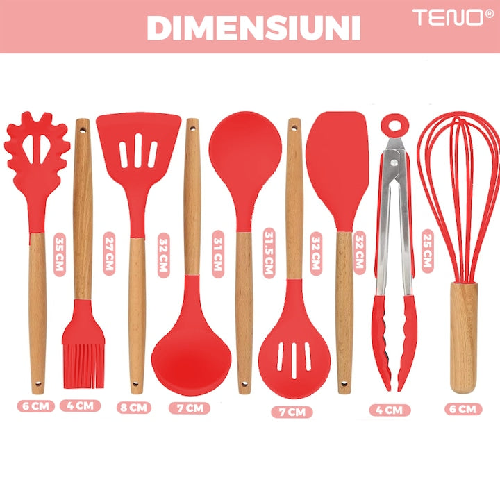 Set Ustensile Bucatarie 12 Piese Silicon Alimentar Teno®, termorezistente, antiaderente, sigure, suport inclus, rosu