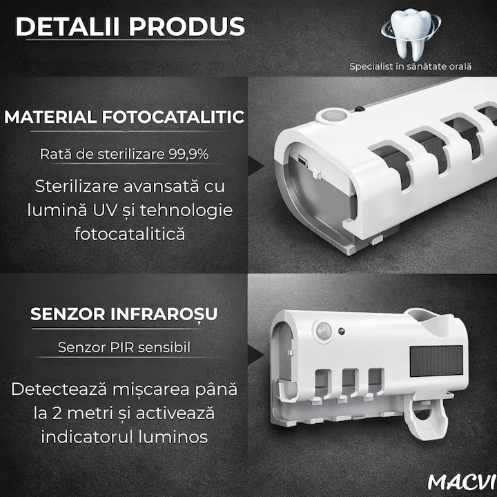 Suport si Dozator Macvi® pentru Periute si Pasta de Dinti cu Sterilizare Antibacteriana UV, Design Compact si Elegant