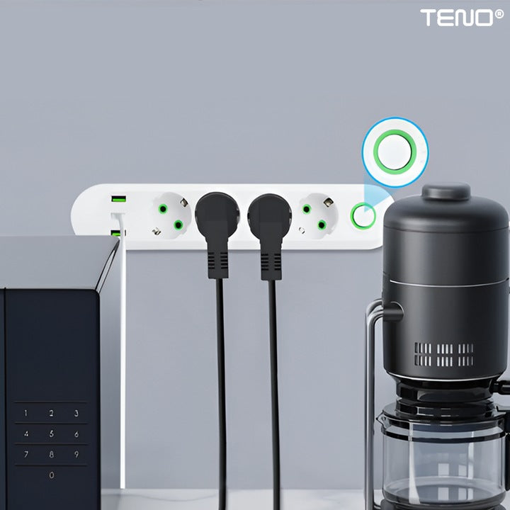 Prelungitor Teno®, 5 prize, 3 porturi USB, intrerupator, suport de agatare incorporat, rezistent la temperaturi inalte, universal, lungime 3 metri, alb