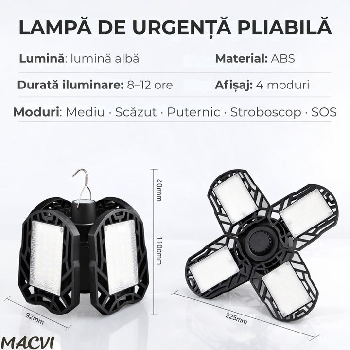 Lampa Solara de Exterior Macvi® XF-702, 104 LED SMD, 5 Moduri Iluminare, Reglabila cu 4 Clape, Alimentare Solara/USB, Telecomanda Inclusa