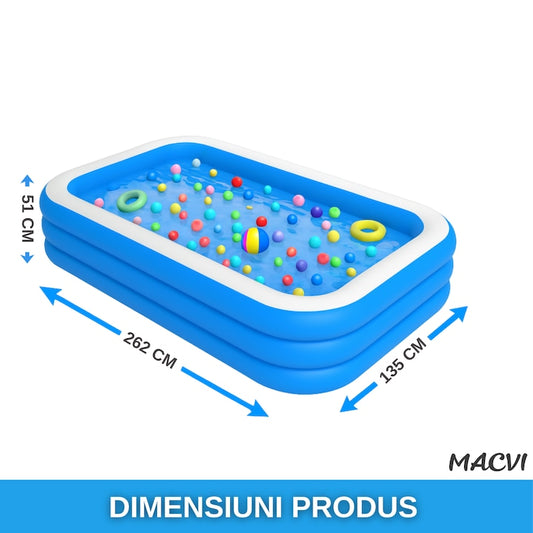 Piscina gonflabila Macvi® din PVC rezistent, 210×150×60 cm, 2-4 persoane, pereti grosi, design confortabil pentru gradina si curte