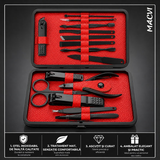 Set manichiura pedichiura Macvi® 15 piese din inox cu husa din piele ecologica si interior de velur sintetic rosu pentru ingrijirea completa a unghiilor