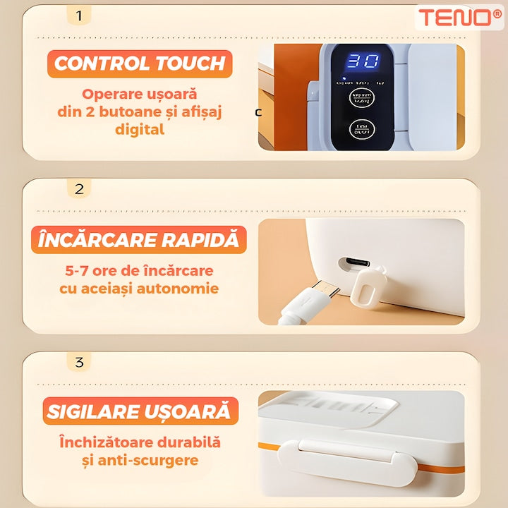 Cutie de Pranz Electrica Teno®, cu incalzitor portabil, otel inoxidabil, pentru adulti, birou, rezistenta, termoizolanta, afisaj digital, alb