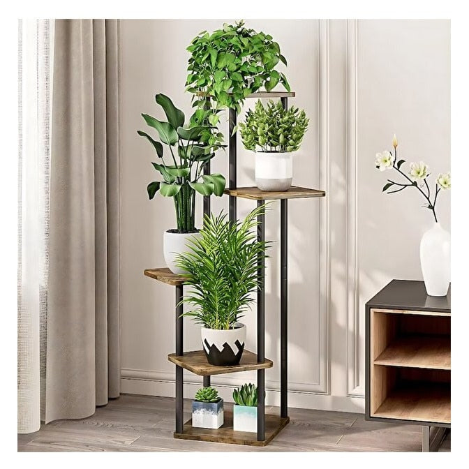 Stand Flori Macvi® Vertical 4 Etajere Metal si Lemn 106.3 cm Suport Ghivece Balcon Terasa