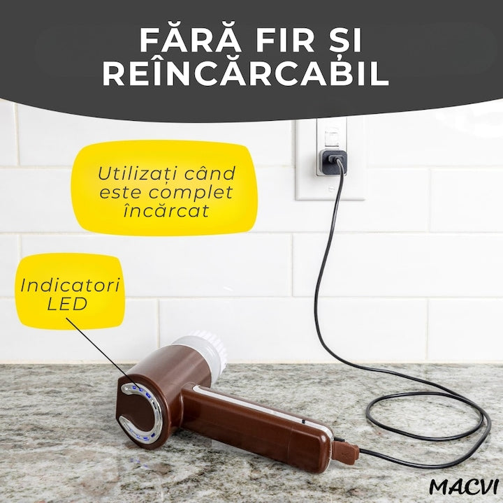 Perie electrica de curatare MACVI, fara fir, 350 RPM, set cu 5 capete interschimbabile, pentru bucatarie si baie