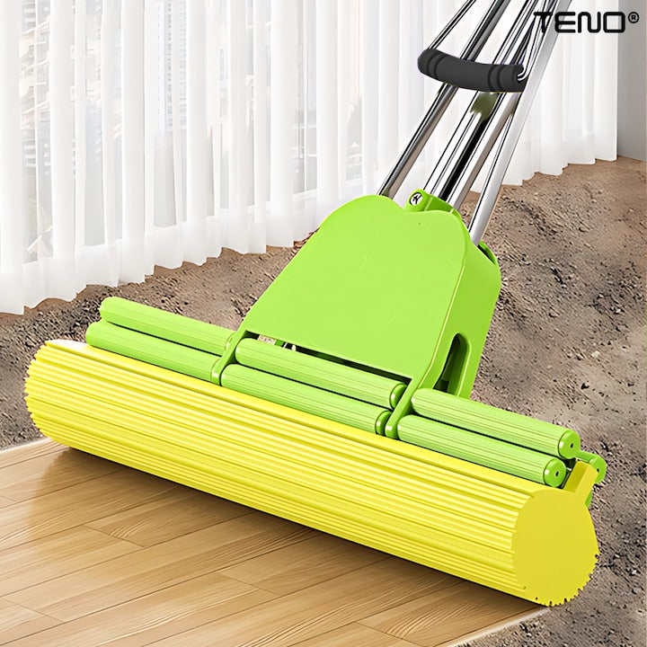 Mop cu PVA Teno®, sistem de stoarcere integrat, coada telescopica, laveta rezistenta, curatare usoara, absorbtie eficienta, captare a prafului, 120 cm, galben/verde