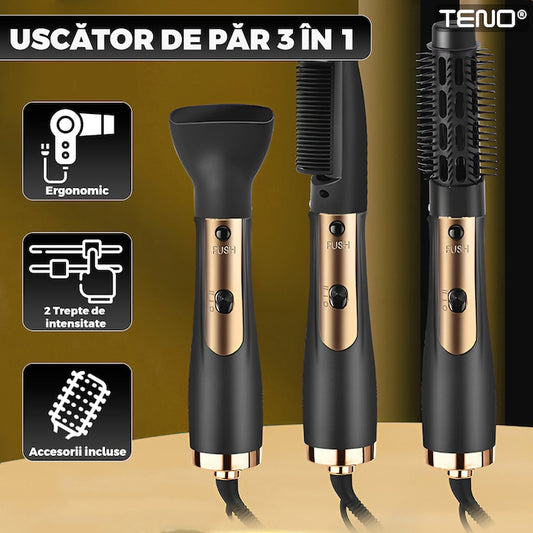Uscator Profesional de Par 3 in 1 Teno®, aparat multifunctional coafare si uscare, 3 accesorii incluse, 1000W, gri