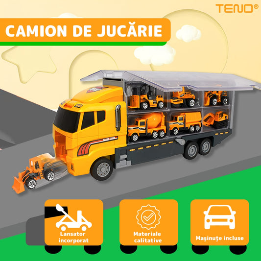 Set Camion Trailer de Jucarie pentru Transport Teno®, seria utilaje de constructie, 6 masinute incluse, bulldozer, utilaje, tir, accesorii mobile, lansator si rampa frontala, platforma tractare, galben