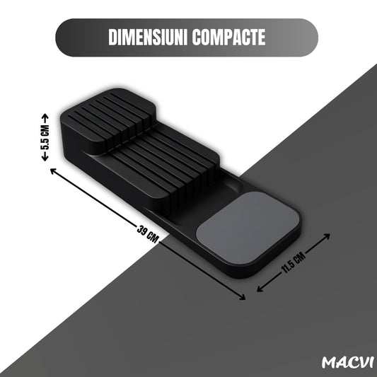 Suport sertar pentru cutite Macvi® organizator compact depozitare sigura material durabil design ergonomic stabilitate sporita economie de spatiu, negru