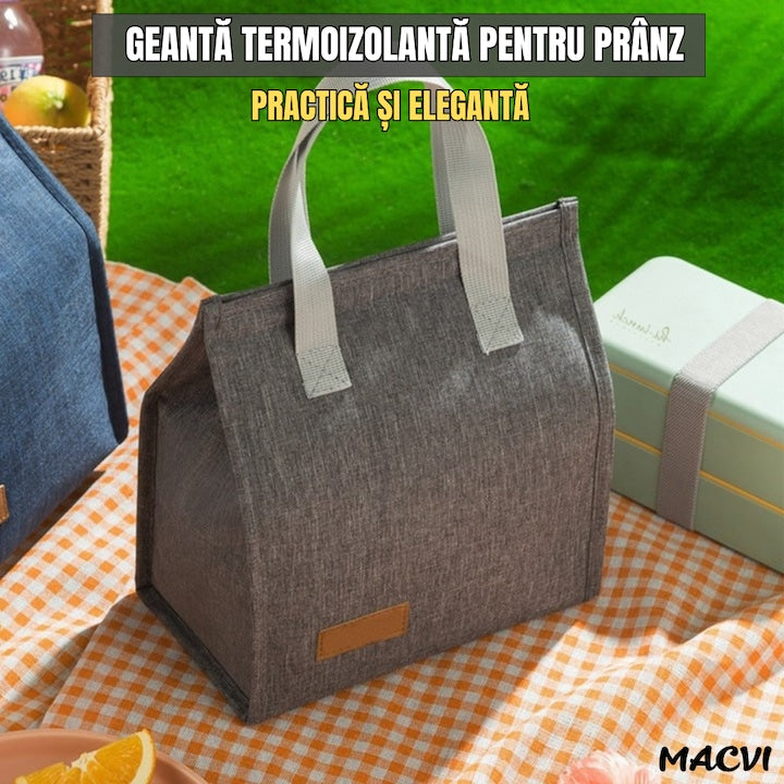 Geanta termoizolanta Macvi® multifunctionala, pentru birou, picnic sau camping, 22.5x13x25.5 cm, material premium, design gri
