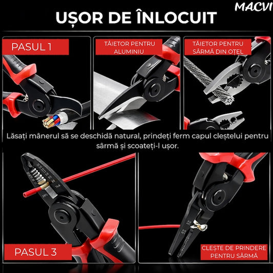 Set 5 in 1 patent multifunctional Macvi®, din otel, taietor cablu, dezizolator, cleste, sertizare, taietor, foarfeca, cu husa de depozitare, maner anticurentare si design ergonomic