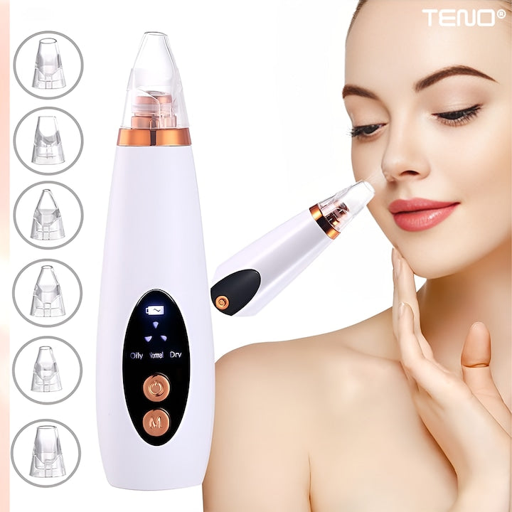 Aparat cu Vacuum pentru Puncte Negre si Grasime Teno®, curatare faciala, ingrijire faciala, 3 viteze, 6 capete interschimbabile, delicat cu pielea, afisaj digital, alb