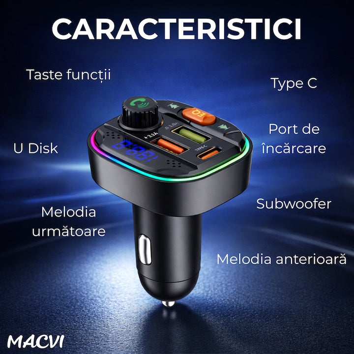 Modulator FM Bluetooth 5.0 Macvi® cu Incarcare Rapida QC 3.0 si PD 20W, 1x USB Tip C, 2x USB Tip A, Iluminare RGB, Negru