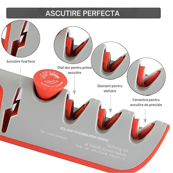 Ascutitor Cutite Profesional Macvi® 4 in 1 Reglabil, Ascutire, Finisare, Slefuire, Foarfeci, Unghi Ajustabil, Rosu Gri