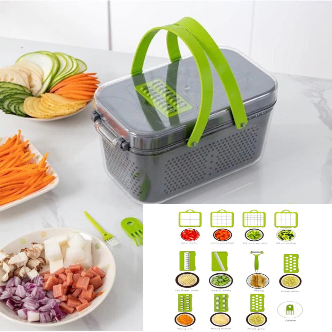 Razatoare multifunctionala Macvi® profesionala 22 piese cu lame inox si recipient colector tocator feliator pentru legume fructe si branzeturi gri verde