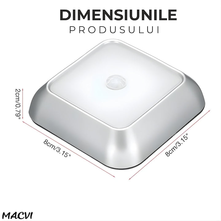 Lampa LED Macvi® cu senzor de miscare si alimentare pe baterii iluminare automata pentru holuri, scari, dulapuri si sertare, montaj rapid fara cabluri, 1 buc