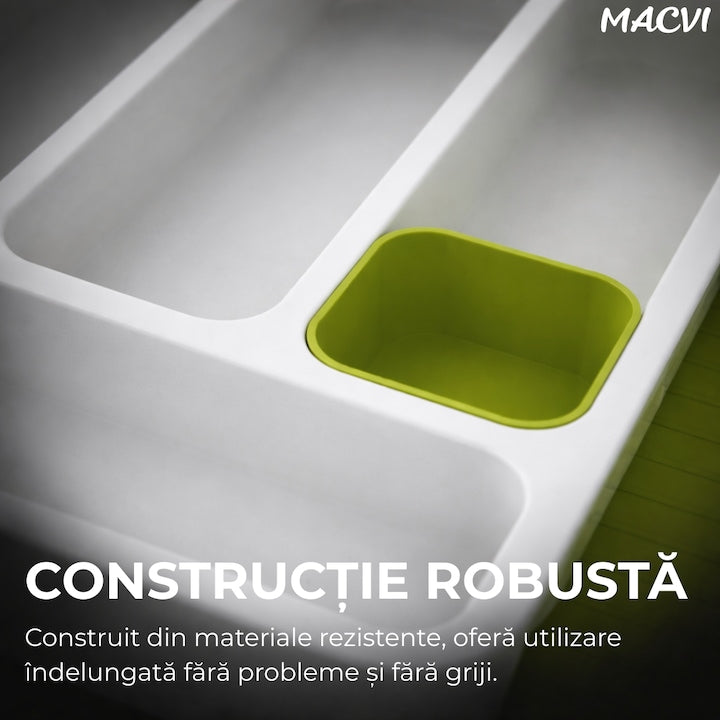 Suport modular extensibil Macvi® pentru tacamuri, 29-48 cm, ABS, alb-verde, organizator sertare