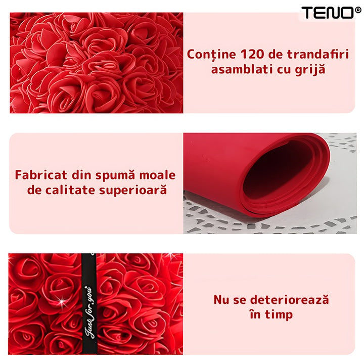 Inimioara din Trandafiri de Spuma Teno®, floral rosu, handmade, cutie transparenta, eleganta si naturala, nemuritoare, 15 cm